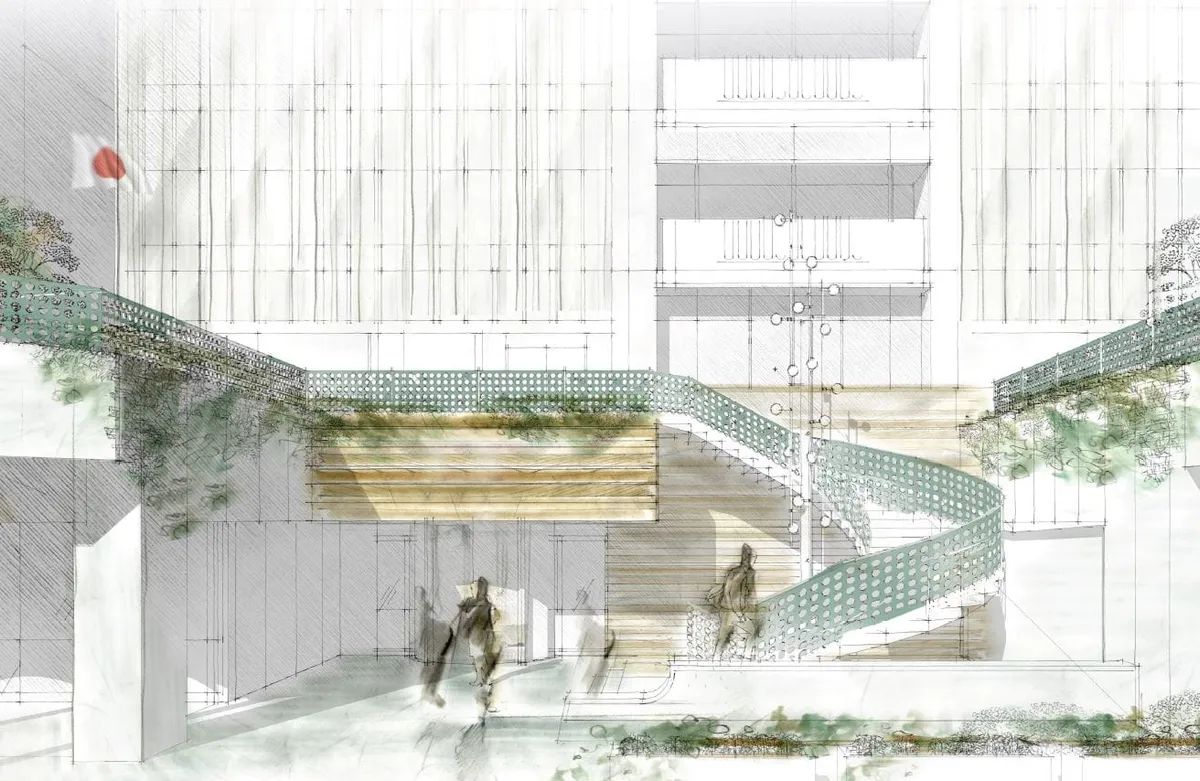 Sketch of Building & Subway Entry, sketch by Stephen Alesh at Aoyama Building, Tokyo