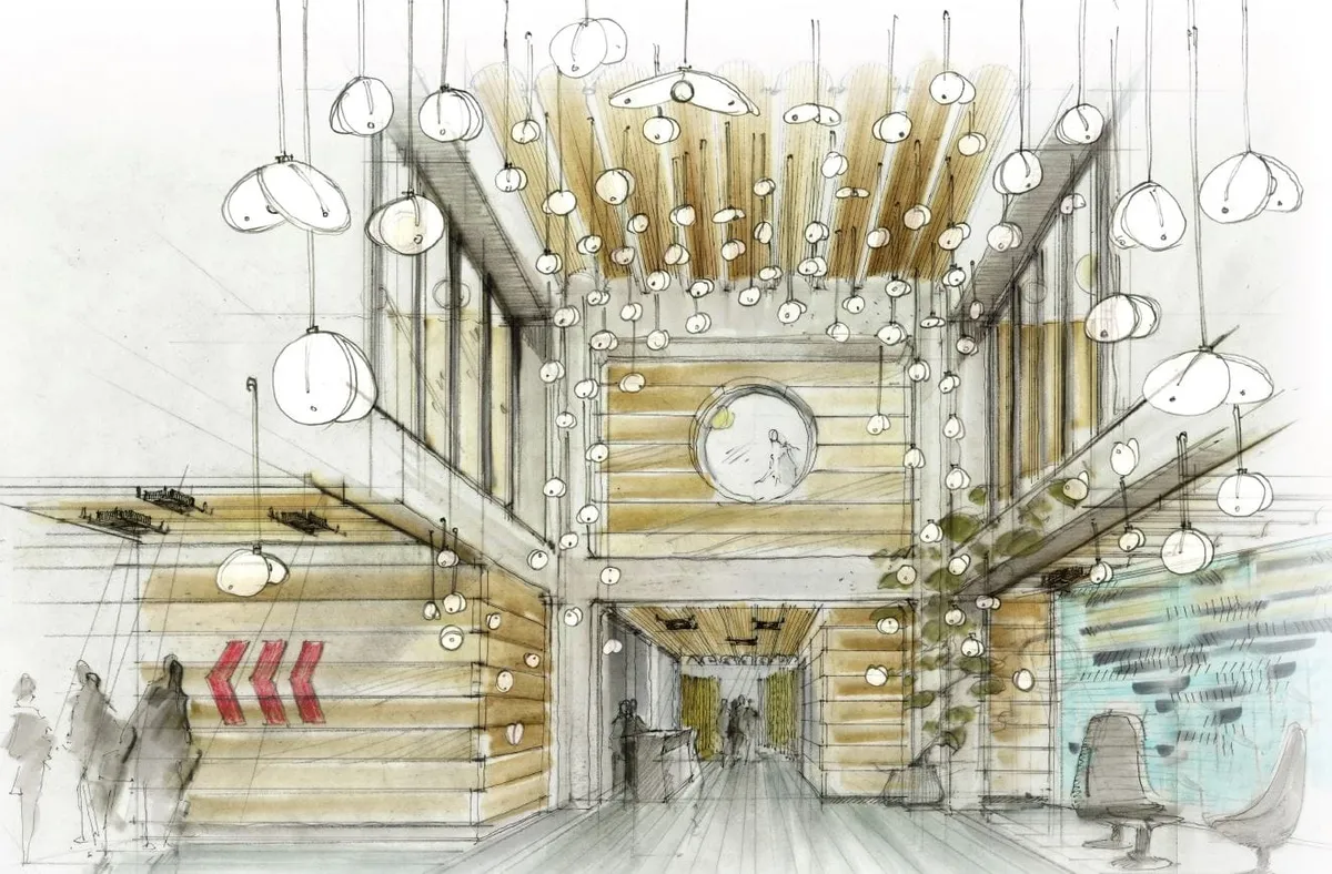Sketch of Executive Entry, sketch by Stephen Alesh Lobby at Aoyama Building, Tokyo