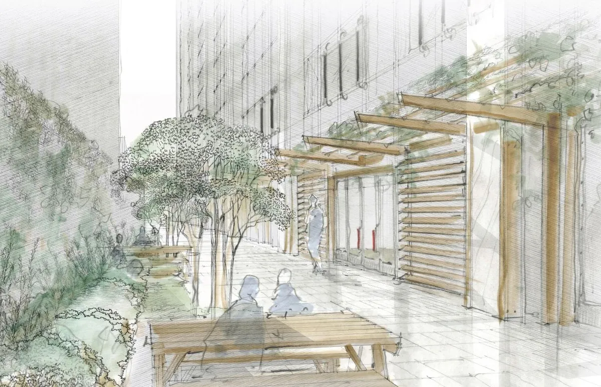 Sketch of Exterior Lounge, sketch by Stephen Alesh at Aoyama Building, Tokyo