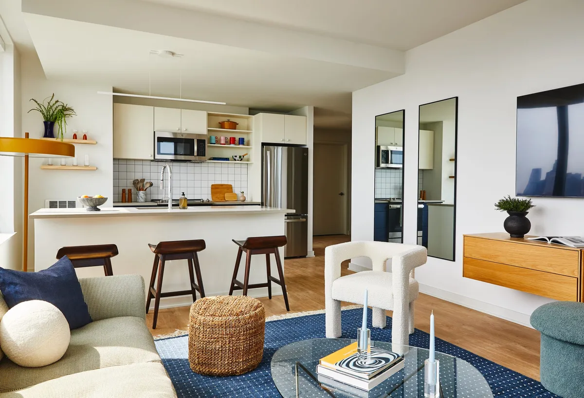 2BR Living Room looking at kitchen, Journal Squared Tower 3, Jersey City