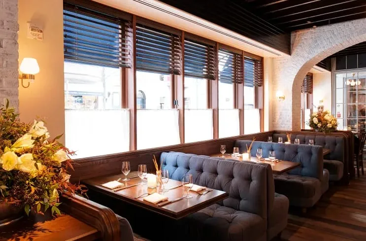 Main Dining Room, banquettes along cafe window at The Love, Philadelphia